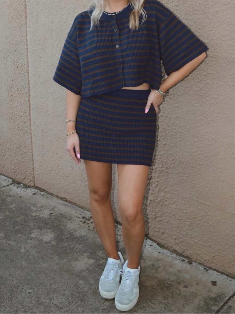 Striped Boutique Knit Mini Skirt Set in Navy and Brown - Picture 2 of 3